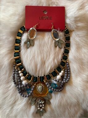 Multicolor Statement Necklace & Earring Set - Green Ribbon, Gray Beads